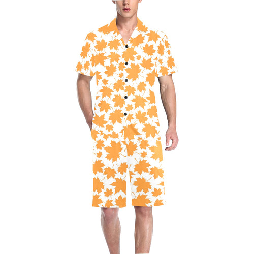 Orange Maple Leaf pattern Men's V-Neck Short Pajama Set