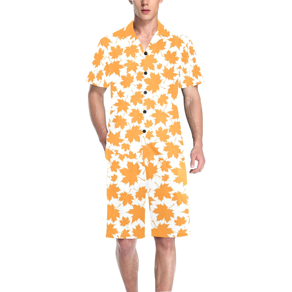 Orange Maple Leaf pattern Men's V-Neck Short Pajama Set