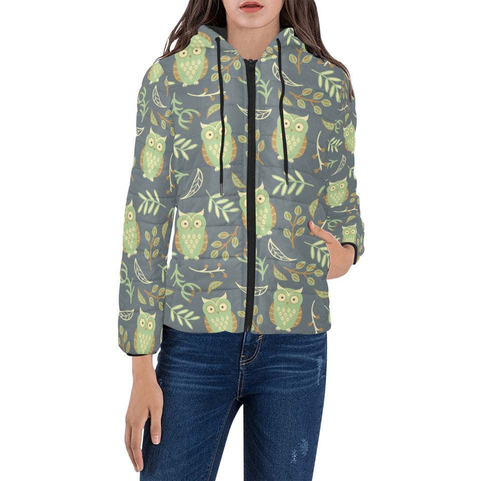 Cute owls leaves pattern Women's Padded Hooded Jacket