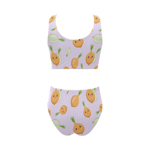 cute onions smiling faces purple background Chest Bowknot High Waisted Bikini Swimsuit