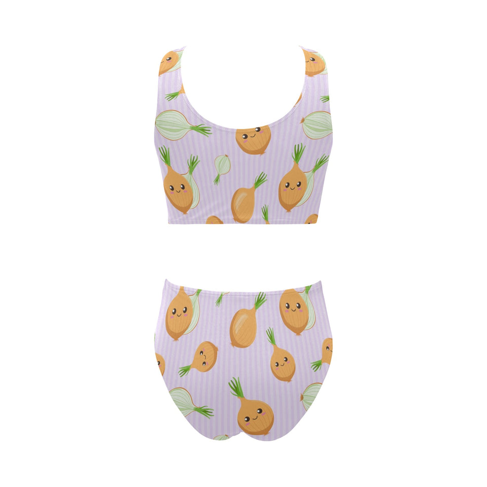 cute onions smiling faces purple background Chest Bowknot High Waisted Bikini Swimsuit
