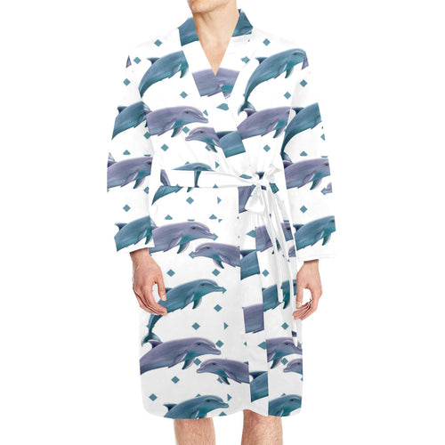 Dolphins pattern dotted background Men's Long Sleeve Belted Night Robe