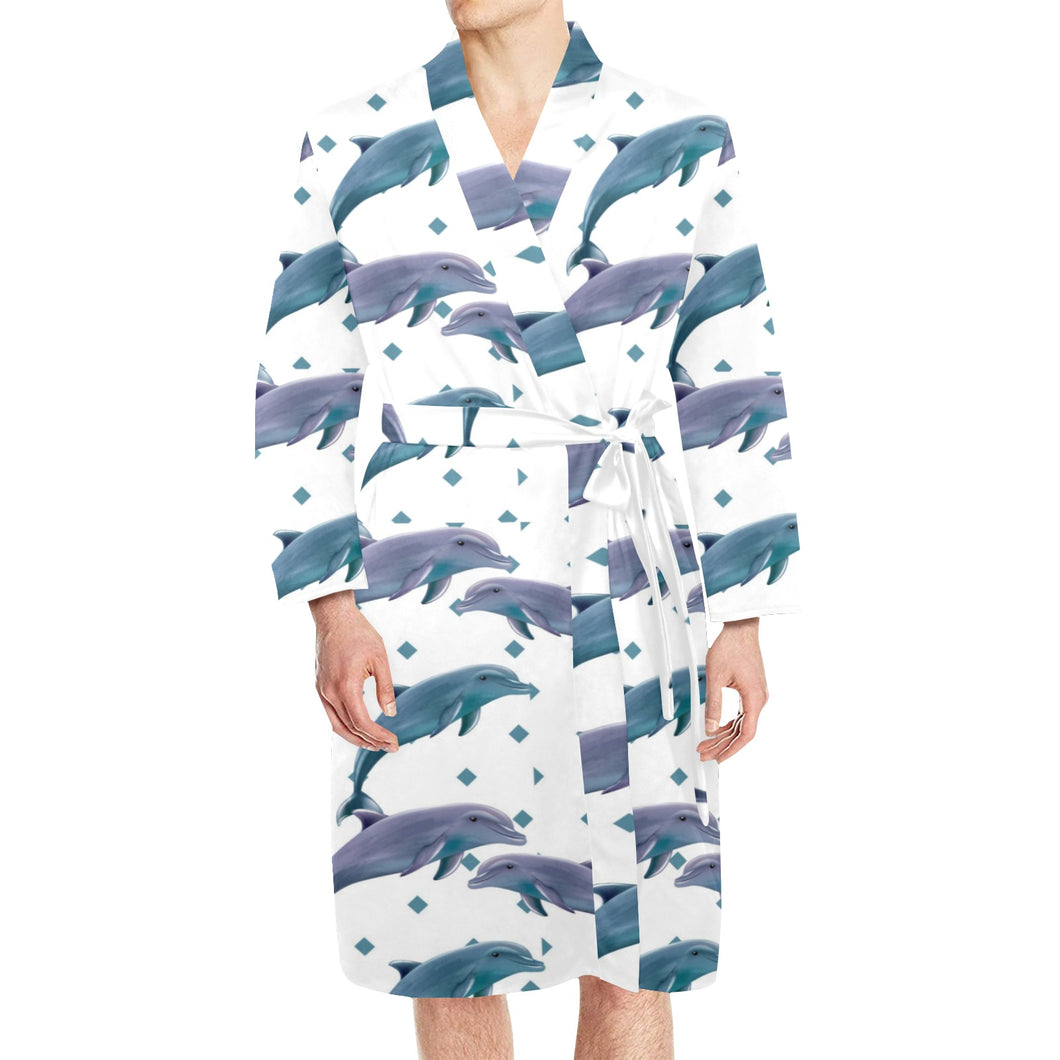 Dolphins pattern dotted background Men's Long Sleeve Belted Night Robe
