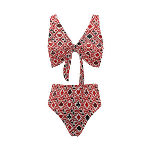 Casino Cards Suits Pattern Print Design 03 Chest Bowknot High Waisted Bikini Swimsuit