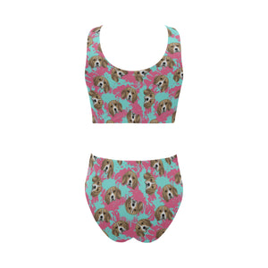 Beagle muzzles turquoise paint splashes pink patte Chest Bowknot High Waisted Bikini Swimsuit