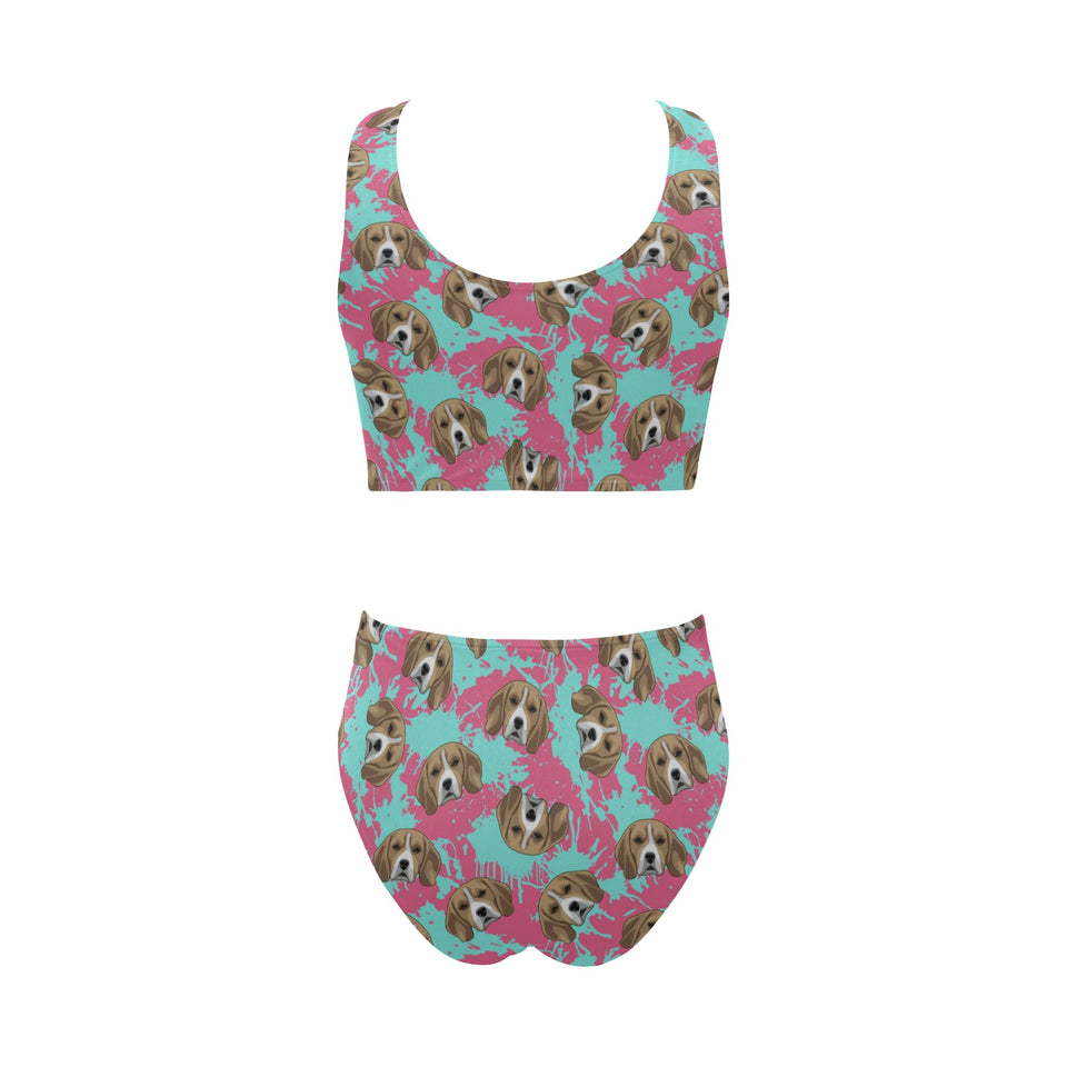 Beagle muzzles turquoise paint splashes pink patte Chest Bowknot High Waisted Bikini Swimsuit