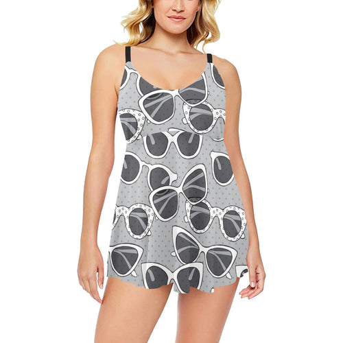 Sun Glasses Pattern Print Design 04 Chest Sexy Pleated Two Piece Swim Dress