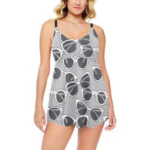 Sun Glasses Pattern Print Design 04 Chest Sexy Pleated Two Piece Swim Dress