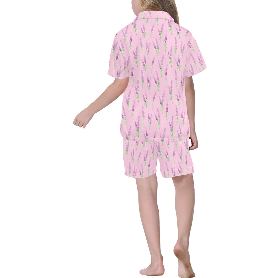 Lavender pattern pink background Kids' Boys' Girls' V-Neck Short Pajama Set