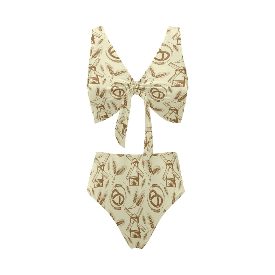 Windmill Wheat pattern Chest Bowknot High Waisted Bikini Swimsuit