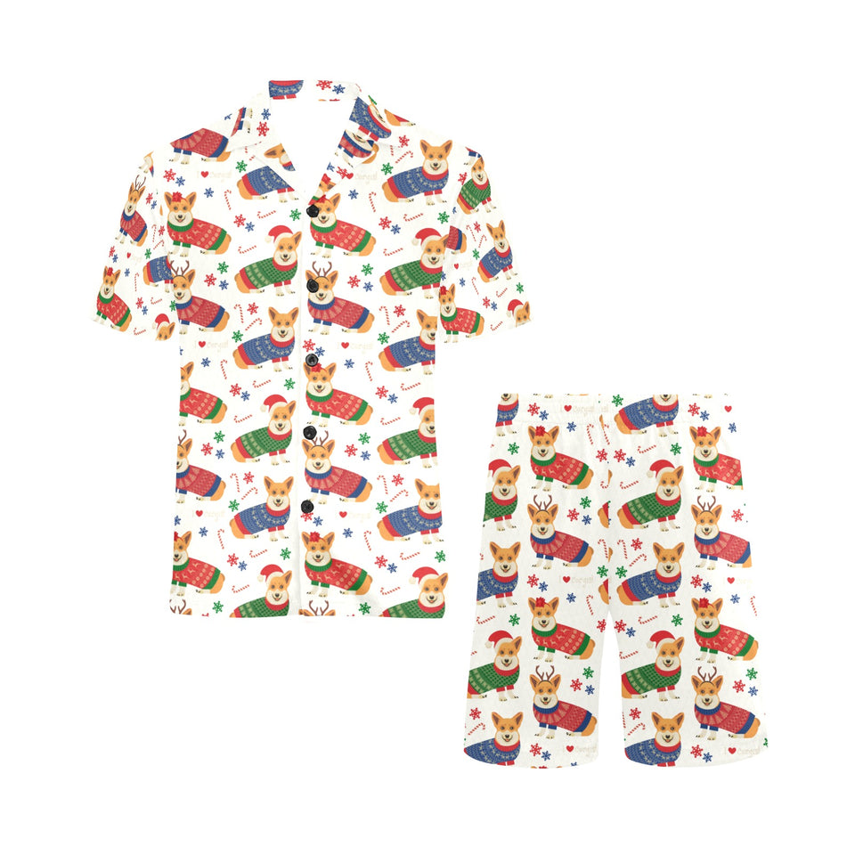 Corgi Christmas Pattern Men's V-Neck Short Pajama Set