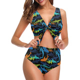 Colorful shark Chest Bowknot High Waisted Bikini Swimsuit