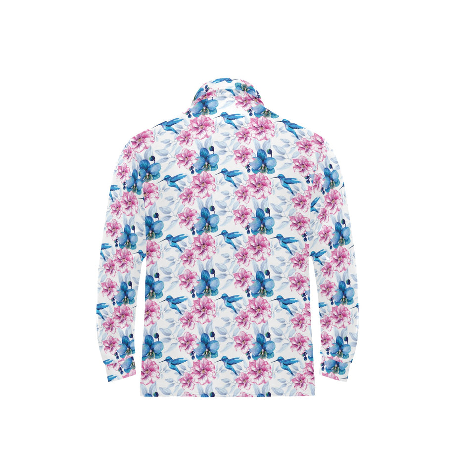 Hummingbird Pattern Print Design 02 Men's Long Sleeve Polo Shirt