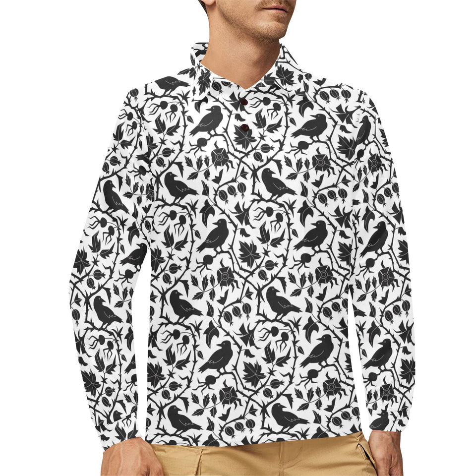 Crow dark floral pattern Men's Long Sleeve Polo Shirt
