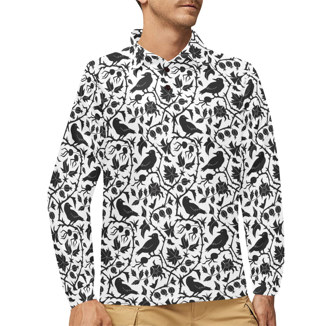 Crow dark floral pattern Men's Long Sleeve Polo Shirt