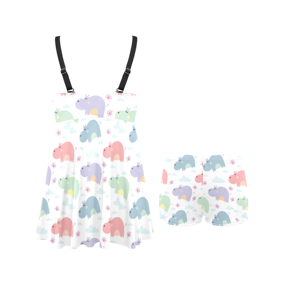 Hippopotamus Pattern Print Design 03 Chest Sexy Pleated Two Piece Swim Dress