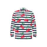 Hand drawn cherry pattern striped background Men's Long Sleeve Polo Shirt