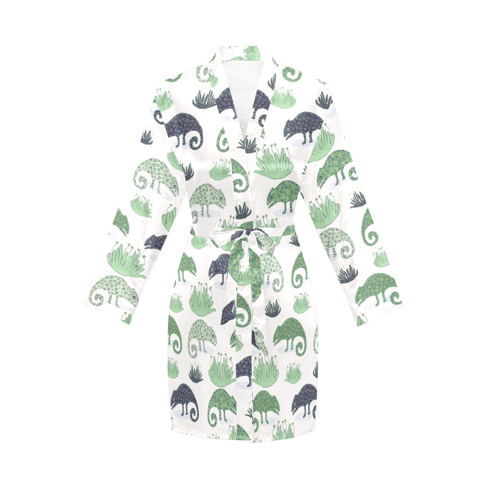 Chameleon lizard succulent plant pattern Women's Long Sleeve Belted Night Robe