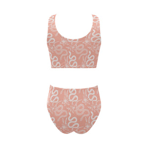 Snake lilies flower pattern Chest Bowknot High Waisted Bikini Swimsuit