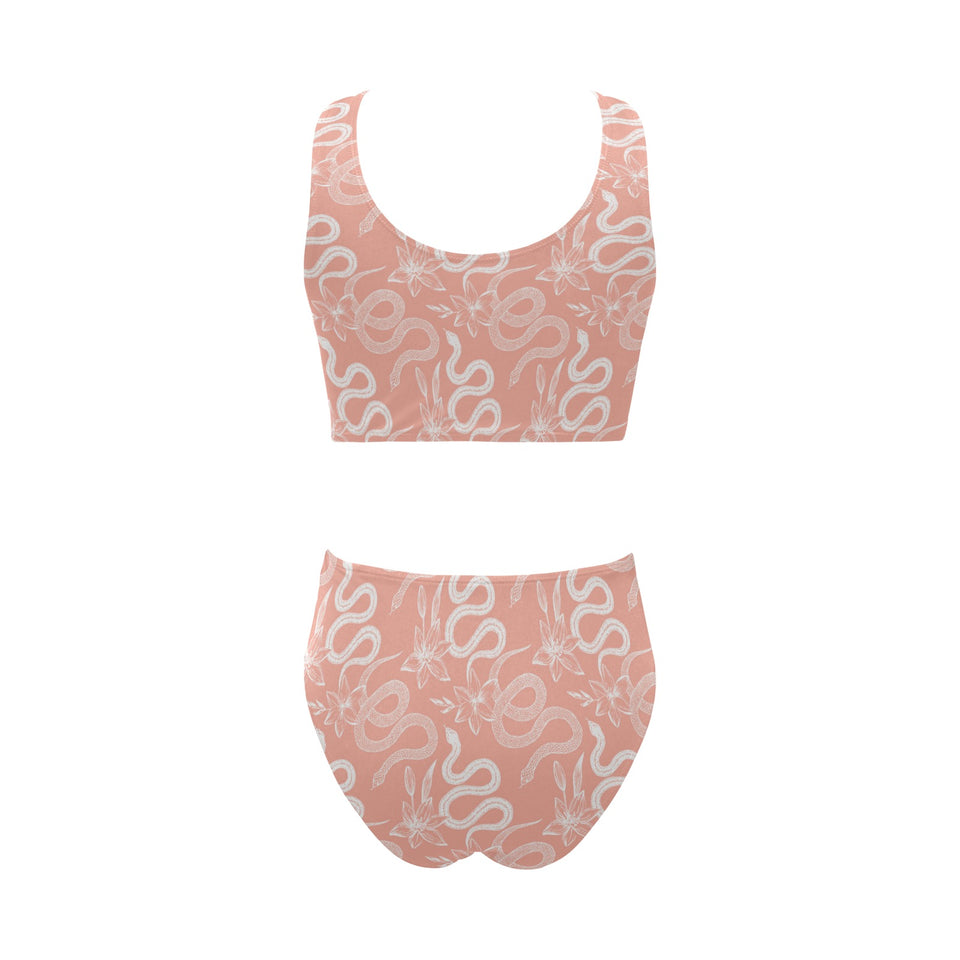 Snake lilies flower pattern Chest Bowknot High Waisted Bikini Swimsuit