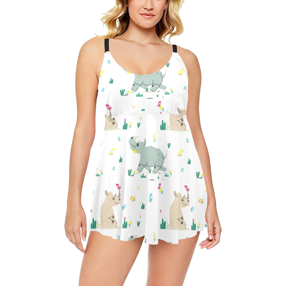 Cute Rhino pattern Chest Sexy Pleated Two Piece Swim Dress