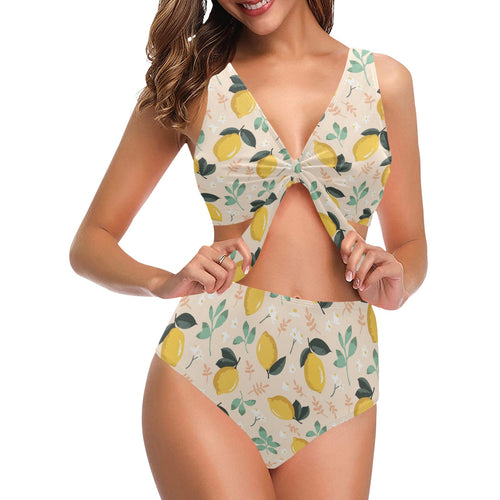 lemon flower leave pattern Chest Bowknot High Waisted Bikini Swimsuit