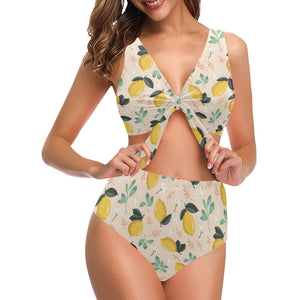 lemon flower leave pattern Chest Bowknot High Waisted Bikini Swimsuit