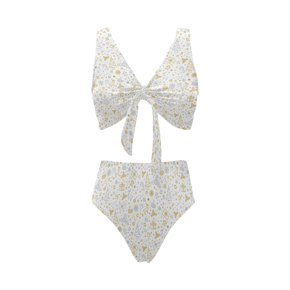 Christmas tree Christmas element Silver gold patte Chest Bowknot High Waisted Bikini Swimsuit