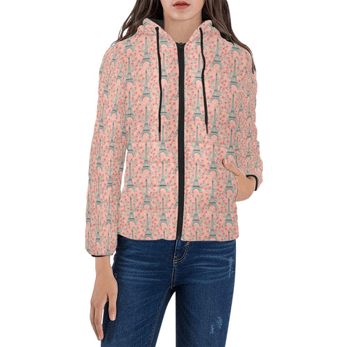Eiffel Tower Flower Pattern Design 03 Women's Padded Hooded Jacket