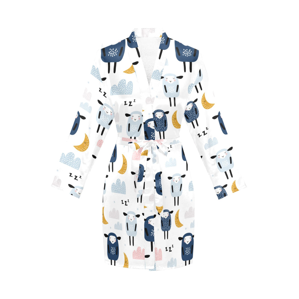 Cute sleeping sheep moon cloud pattern Women's Long Sleeve Belted Night Robe