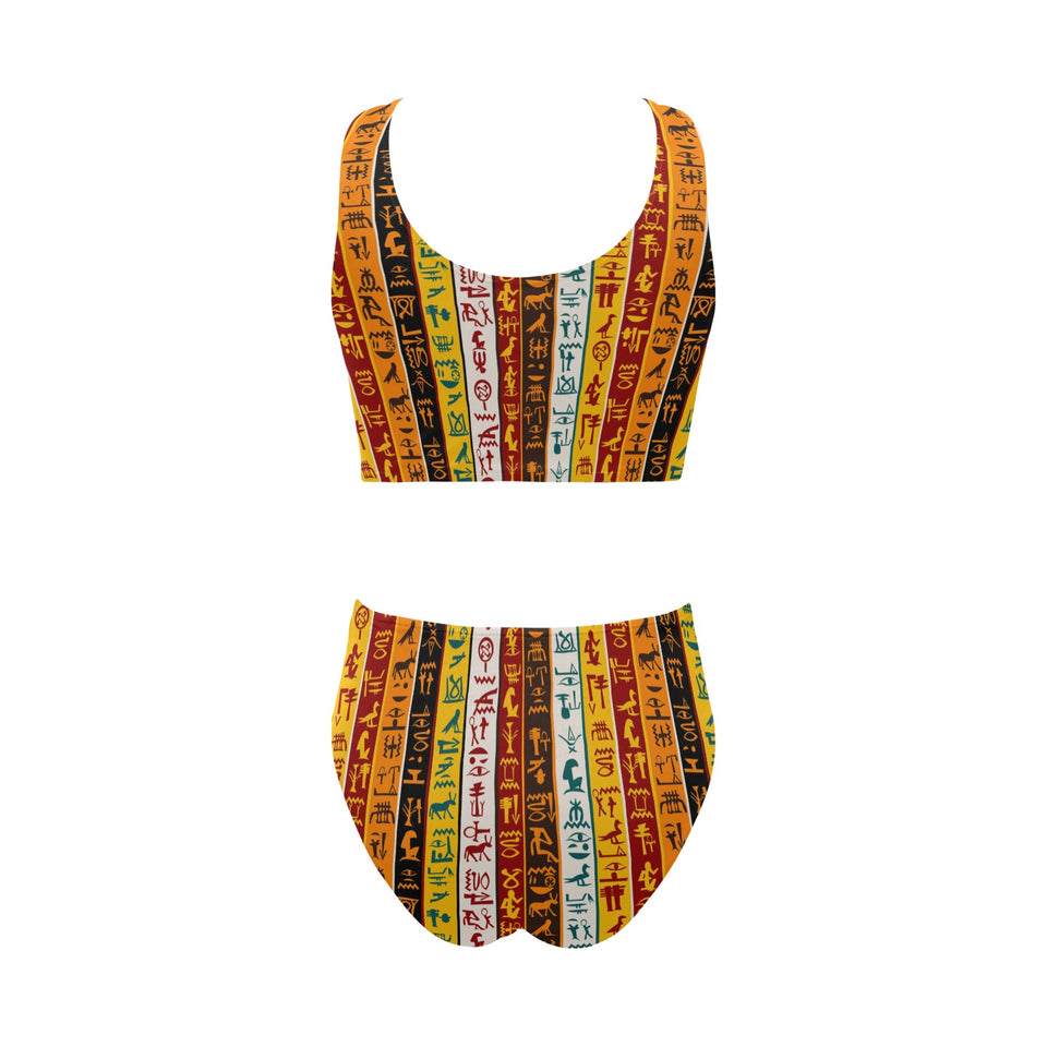 Egypt Hieroglyphics Pattern Print Design 01 Chest Bowknot High Waisted Bikini Swimsuit