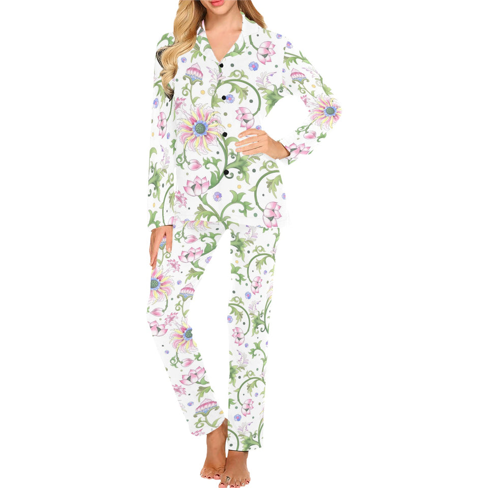 Beautiful pink lotus waterlily leaves pattern Women's Long Pajama Set