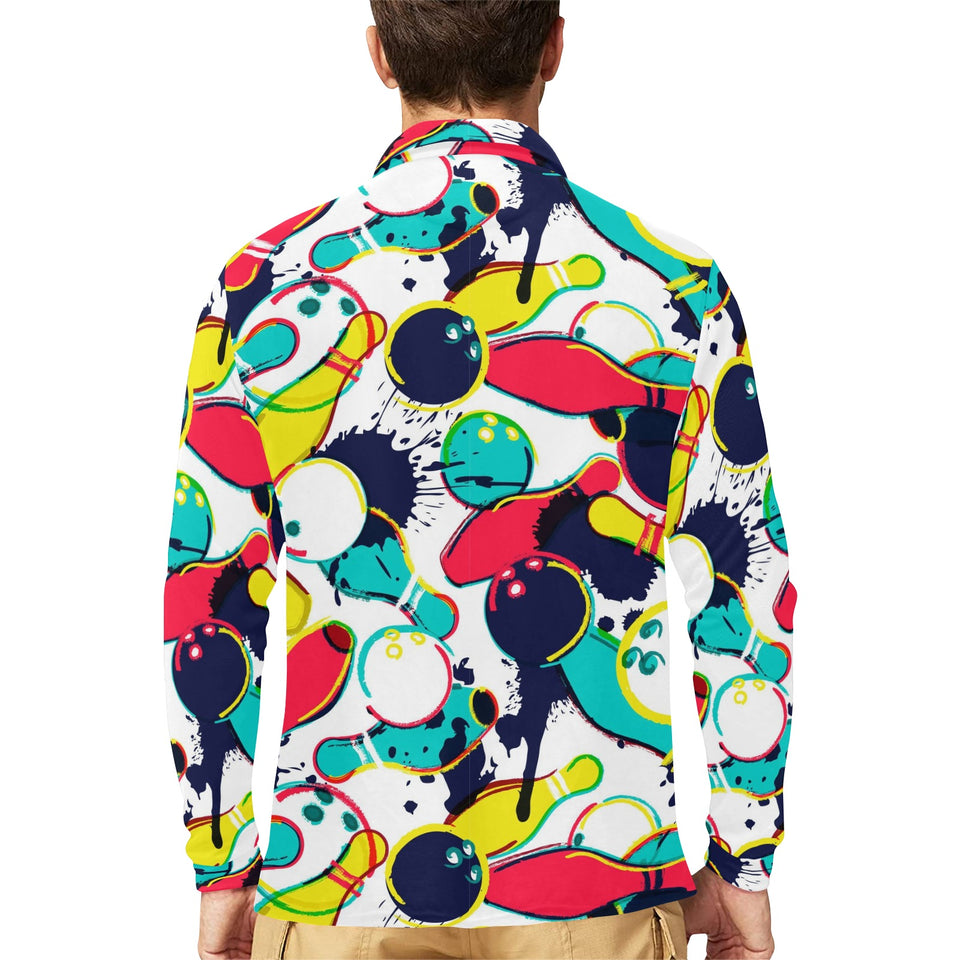 watercolor bowling ball pins Men's Long Sleeve Polo Shirt