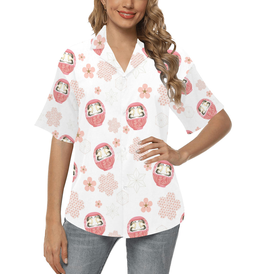 Daruma japanese wooden doll cherry blossom flower Women's All Over Print Hawaiian Shirt