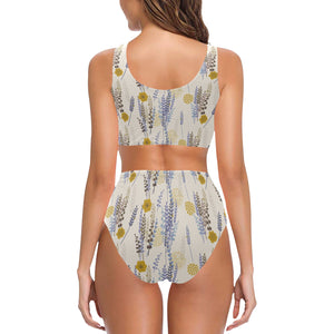 Lavender modern pattern blackground Chest Bowknot High Waisted Bikini Swimsuit