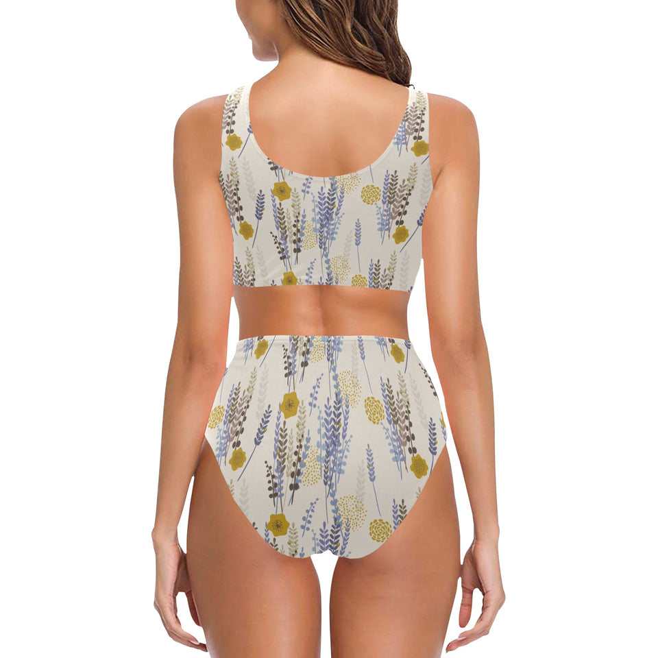 Lavender modern pattern blackground Chest Bowknot High Waisted Bikini Swimsuit