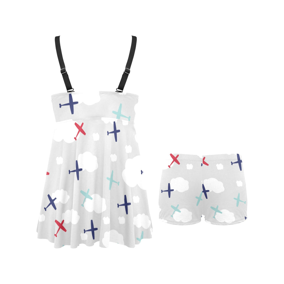 Airplane cloud grey background Chest Sexy Pleated Two Piece Swim Dress