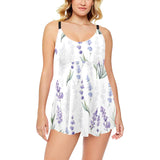 Hand painting Watercolor Lavender Chest Sexy Pleated Two Piece Swim Dress