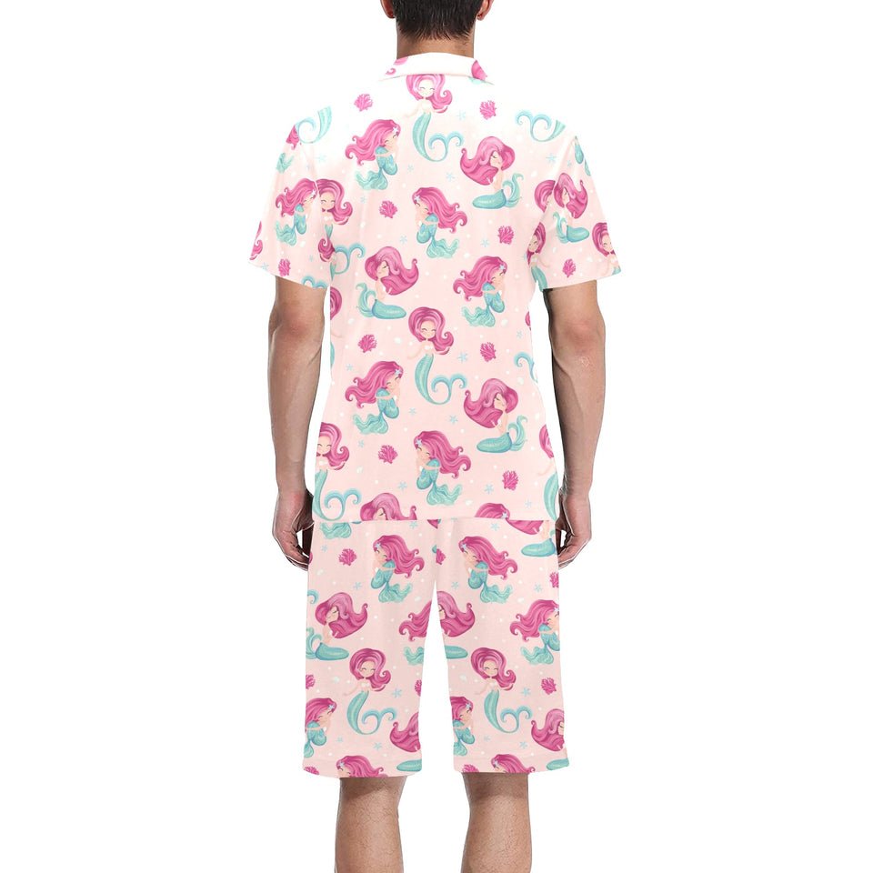 Cute little mermaid pattern Men's V-Neck Short Pajama Set