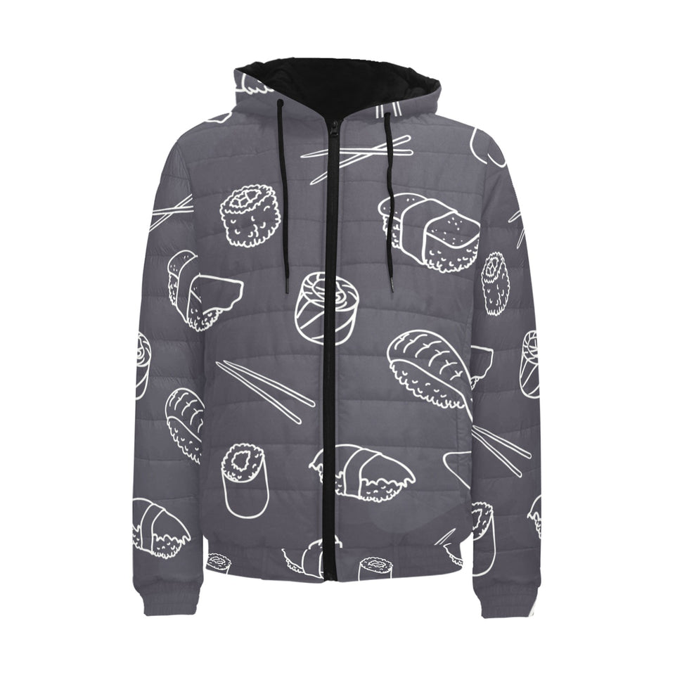 sushi pattern black background Men's Padded Hooded Jacket