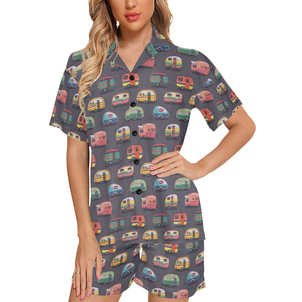 Camper Van Pattern Print Design 02 Women's V-Neck Short Pajama Set