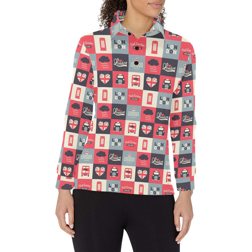 British Pattern Print Design 05 Women's Long Sleeve Polo Shirt