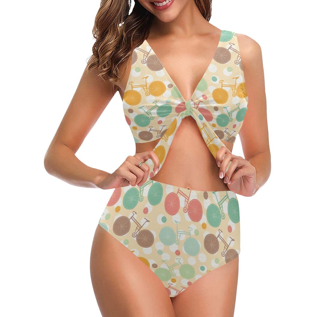 Bicycle Pattern Print Design 01 Chest Bowknot High Waisted Bikini Swimsuit