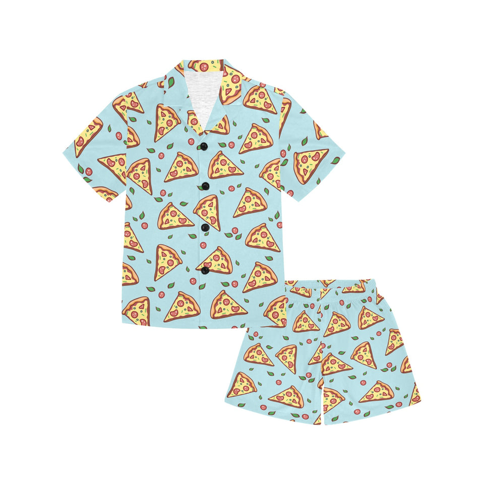 Hand drawn pizza blue background Kids' Boys' Girls' V-Neck Short Pajama Set