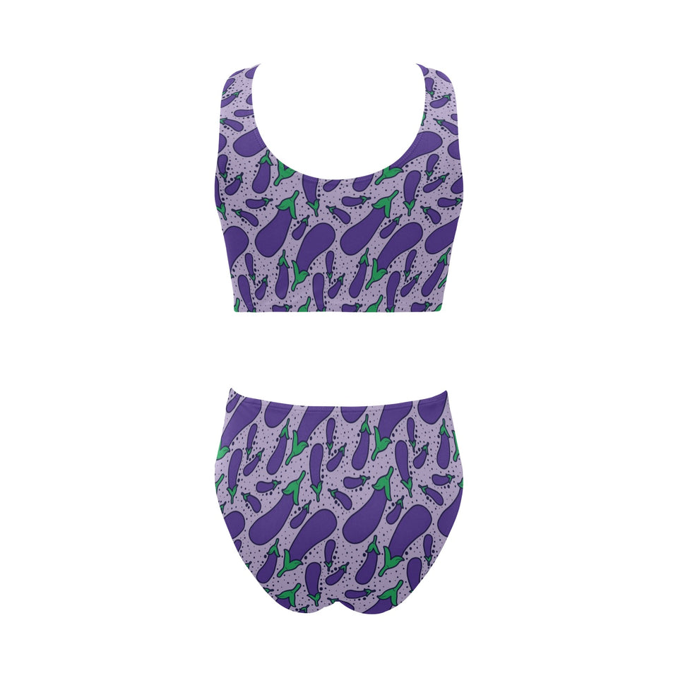 Eggplant Pattern Print Design 03 Chest Bowknot High Waisted Bikini Swimsuit