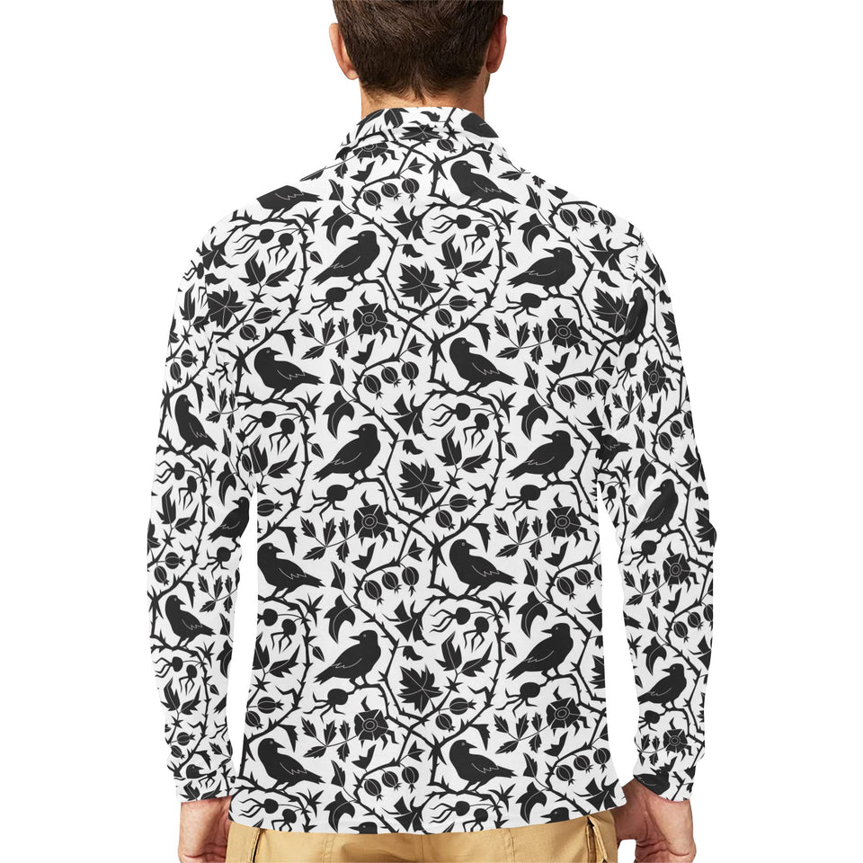 Crow dark floral pattern Men's Long Sleeve Polo Shirt
