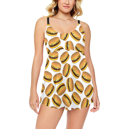 Hamburger Pattern Print Design 03 Chest Sexy Pleated Two Piece Swim Dress