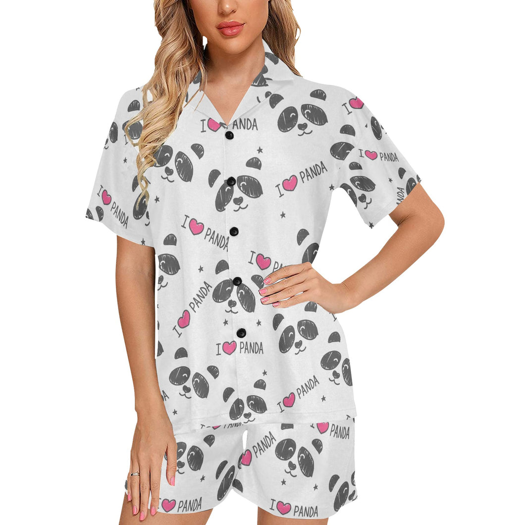 Hand Drawn faces of pandas pattern Women's V-Neck Short Pajama Set