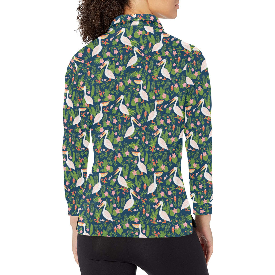 Pelican Pattern Print Design 05 Women's Long Sleeve Polo Shirt