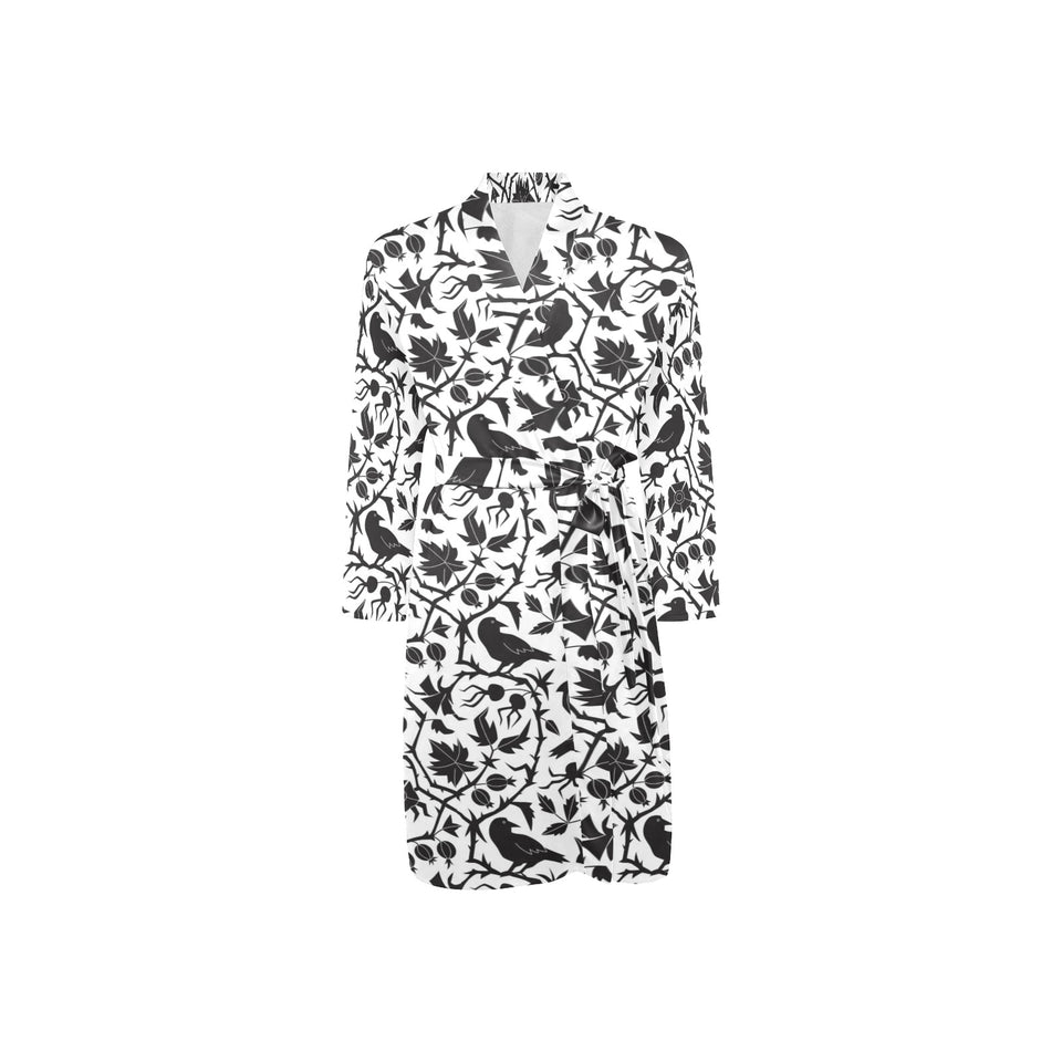 Crow dark floral pattern Men's Long Sleeve Belted Night Robe